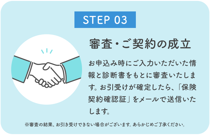 審査・ご契約の成立 お申込み時にご入力いただいた情報と診断書をもとに審査いたします。お引受けが確定したら、「保険契約確認証」をメールで送信いたします。